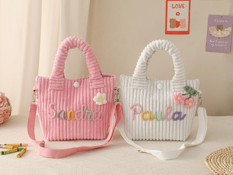 Personalized Corduroy Name Crossbody Bag, Toddler Purse, Corduroy Bucket Crossbody Bag, Baby Shower Gift, Toddler Girl Purse, Name Handbags