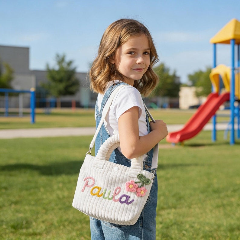 Personalized Corduroy Name Crossbody Bag, Toddler Purse, Corduroy Bucket Crossbody Bag, Baby Shower Gift, Toddler Girl Purse, Name Handbags