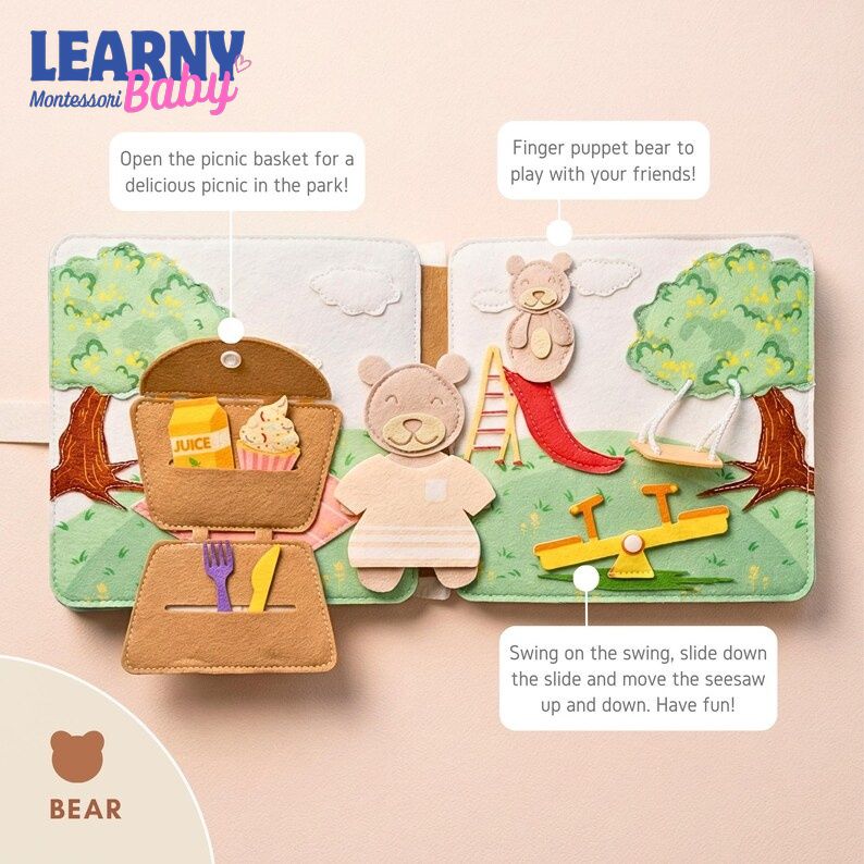 Personalized Teddy Bear Treehouse Quiet Book for Toddlers, Montessori Busy Book, Sensory Learning Toy, Felt Activity Book QBLB65