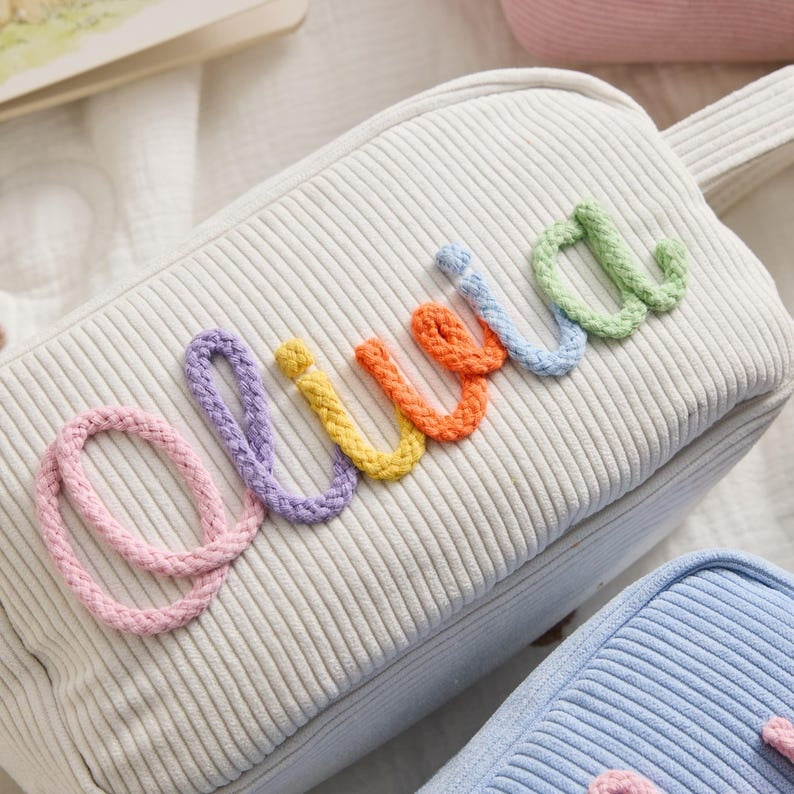Personalized Name Corduroy Pencil Bag: Custom Children's Gift, Custom Zipper Pencil Case, Baby Shower Gifts, Makeup bags, Mother's day Gift