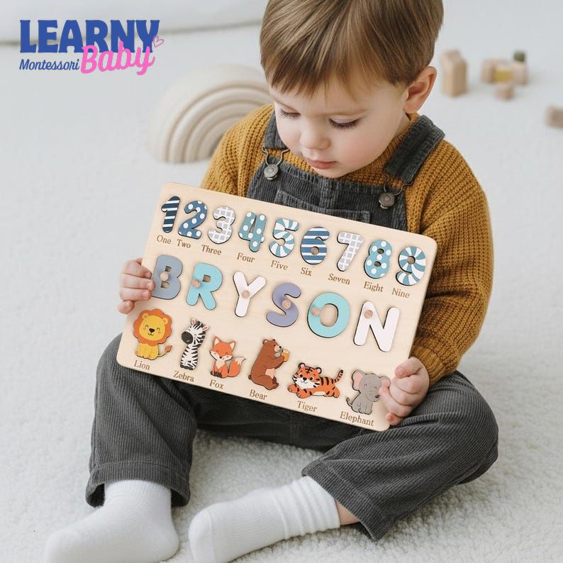 Personalized Wooden Name Puzzle: Animals & Numbers, First Birthday Gift, Baby Gifts BBLB18