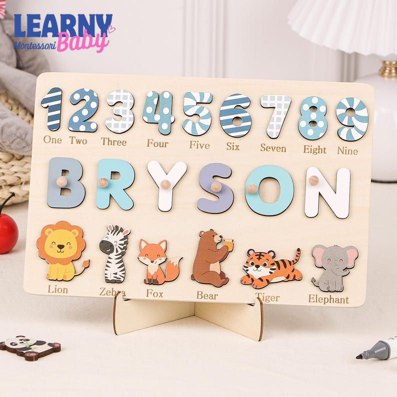 Personalized Wooden Name Puzzle: Animals & Numbers, First Birthday Gift, Baby Gifts BBLB18