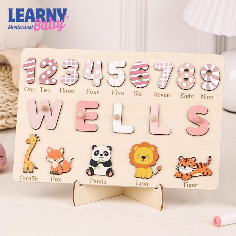 Personalized Wooden Name Puzzle: Animals & Numbers, First Birthday Gift, Baby Gifts BBLB18