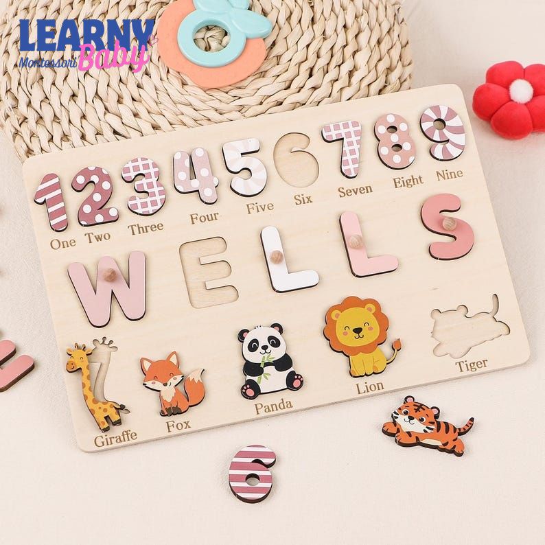 Personalized Wooden Name Puzzle: Animals & Numbers, First Birthday Gift, Baby Gifts BBLB18