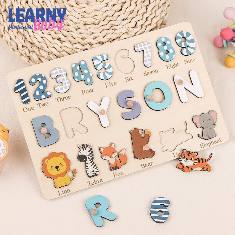Personalized Wooden Name Puzzle: Animals & Numbers, First Birthday Gift, Baby Gifts BBLB18
