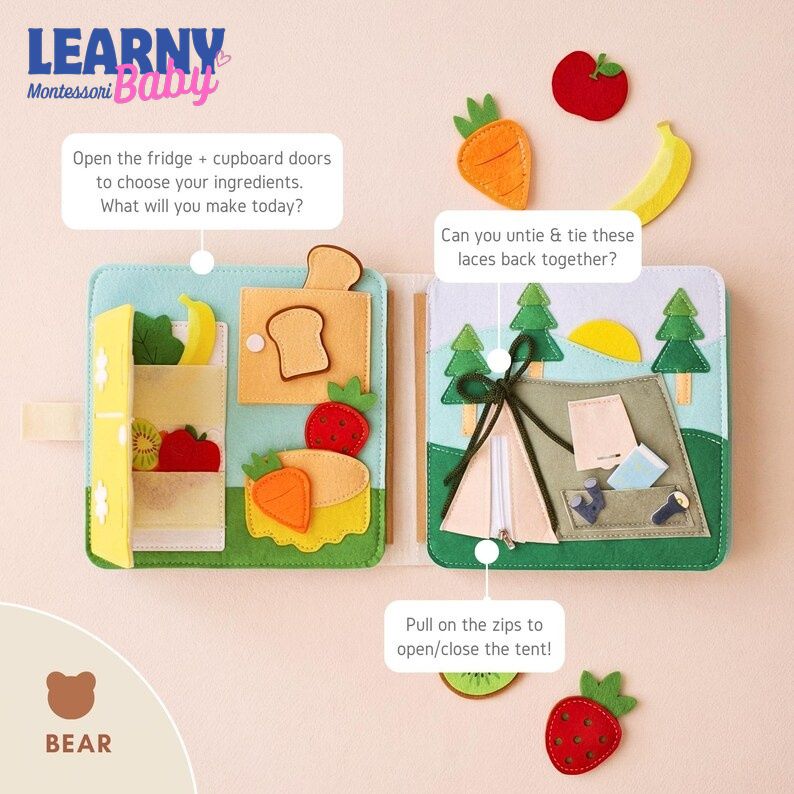 Personalized Teddy Bear Treehouse Quiet Book for Toddlers, Montessori Busy Book, Sensory Learning Toy, Felt Activity Book QBLB65