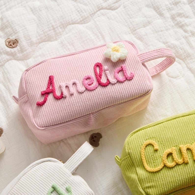 Personalized Name Corduroy Pencil Bag: Custom Children's Gift, Custom Zipper Pencil Case, Baby Shower Gifts, Makeup bags, Mother's day Gift