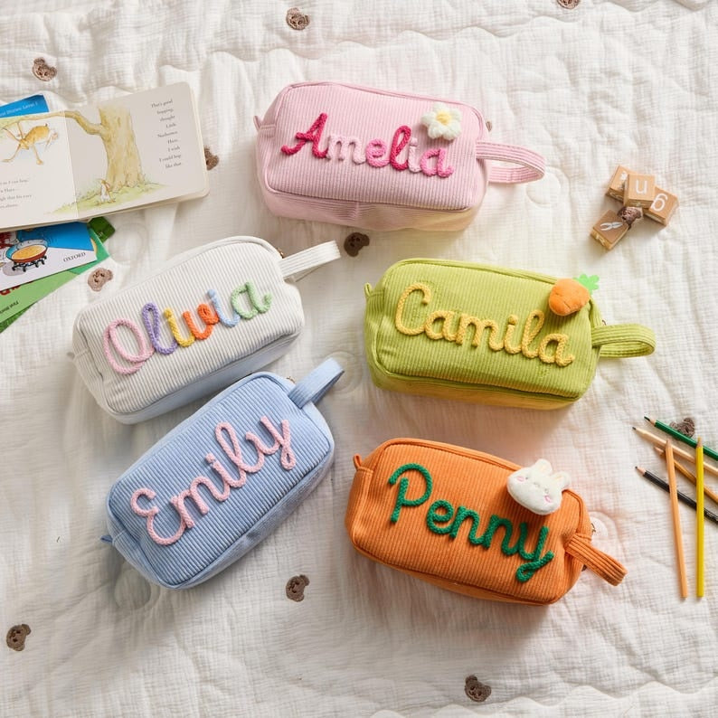Personalized Name Corduroy Pencil Bag: Custom Children's Gift, Custom Zipper Pencil Case, Baby Shower Gifts, Makeup bags, Mother's day Gift