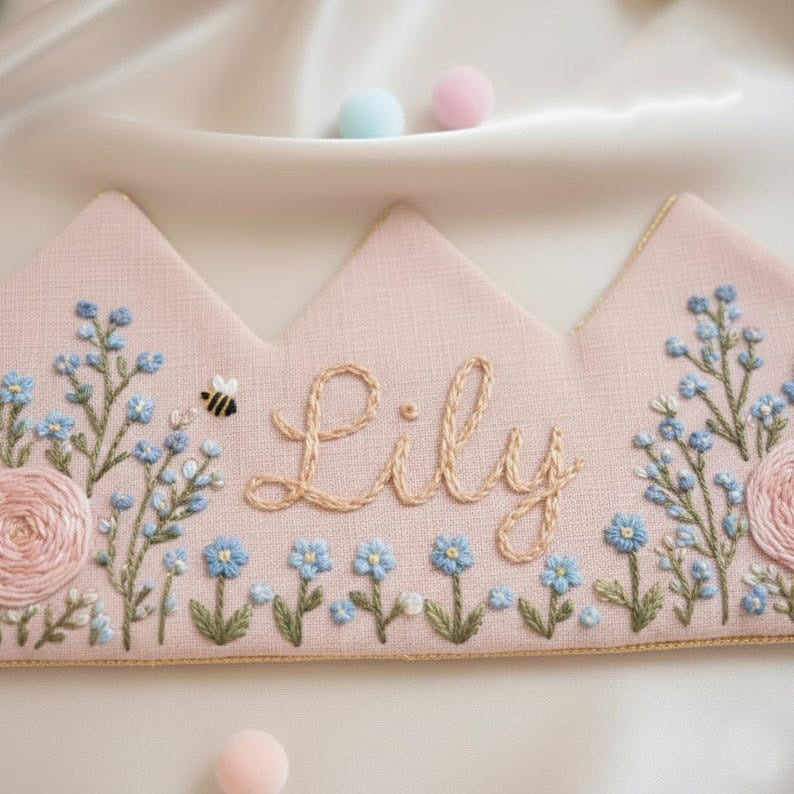 Personalized Forget-Me-Not & Rose Birthday Crown, Hand Embroidered Floral Linen Hat, Custom Baby Name Keepsake