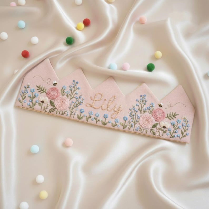 Personalized Forget-Me-Not & Rose Birthday Crown, Hand Embroidered Floral Linen Hat, Custom Baby Name Keepsake