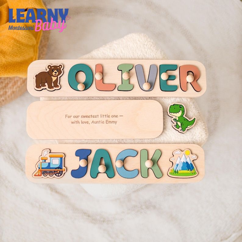 Personalized Wooden Name Puzzle, Custom Toddler Name Puzzle, Montessori Learning Toy, Dinosaur Safari Name Board, Baby Birthday Gift BBLB27