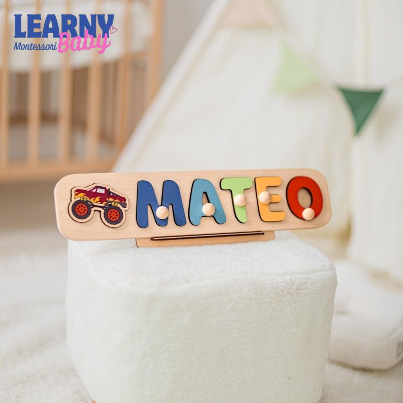 Personalized Wooden Name Puzzle, Custom Toddler Name Puzzle, Montessori Learning Toy, Dinosaur Safari Name Board, Baby Birthday Gift BBLB27