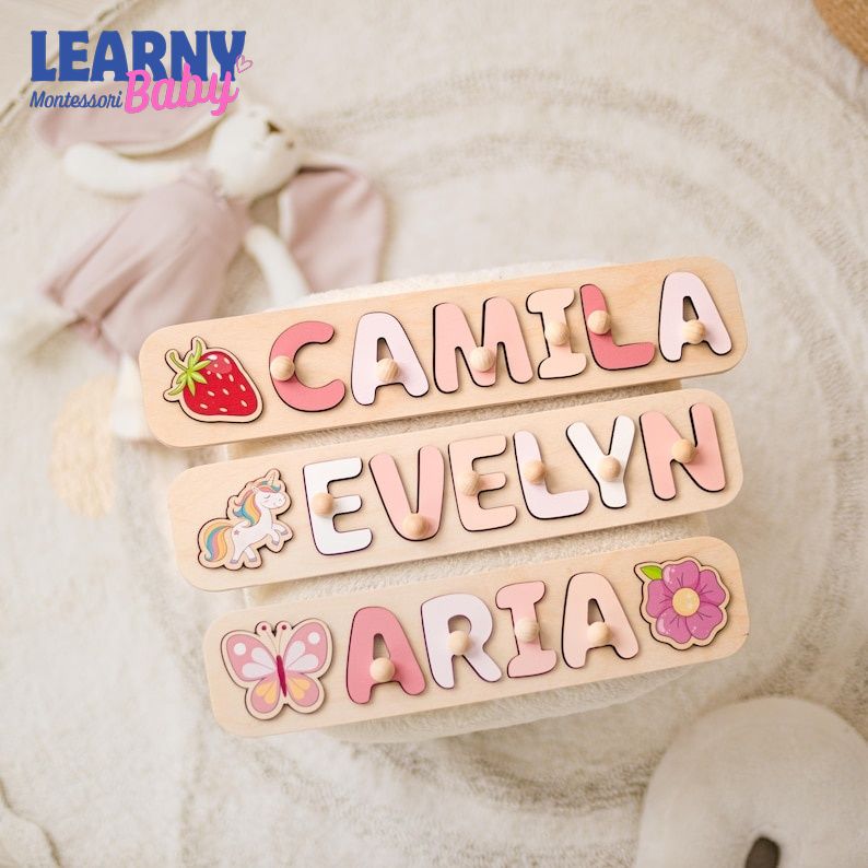 Personalized Wooden Name Puzzle, Custom Toddler Name Puzzle, Montessori Learning Toy, Dinosaur Safari Name Board, Baby Birthday Gift BBLB27