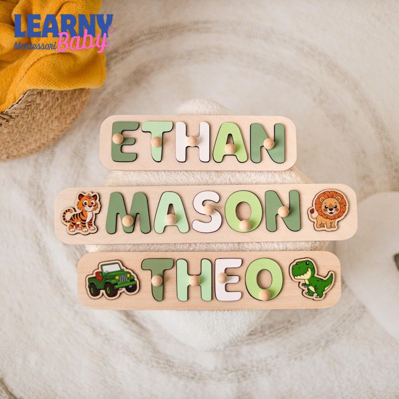 Personalized Wooden Name Puzzle, Custom Toddler Name Puzzle, Montessori Learning Toy, Dinosaur Safari Name Board, Baby Birthday Gift BBLB27