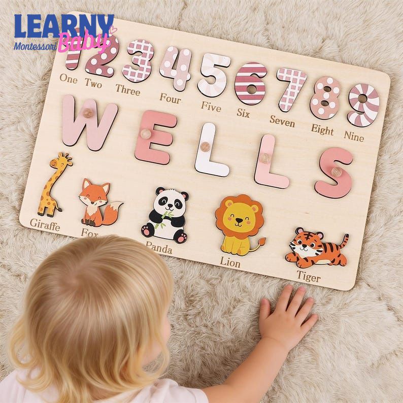 Personalized Wooden Name Puzzle: Animals & Numbers, First Birthday Gift, Baby Gifts BBLB18