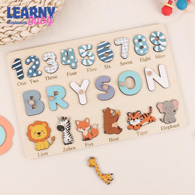Personalized Wooden Name Puzzle: Animals & Numbers, First Birthday Gift, Baby Gifts BBLB18