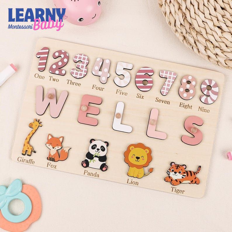 Personalized Wooden Name Puzzle: Animals & Numbers, First Birthday Gift, Baby Gifts BBLB18