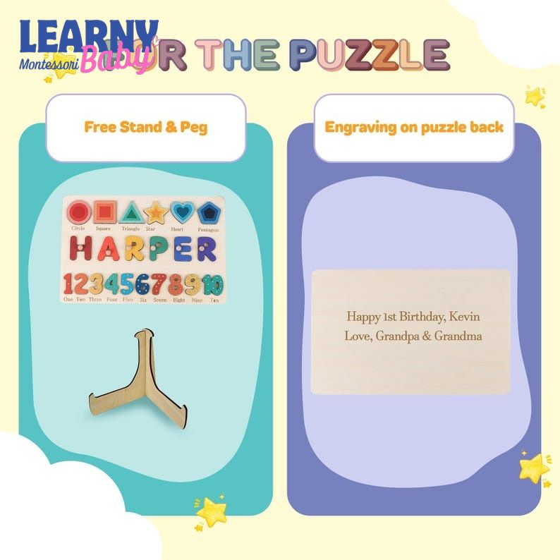 Personalized Wooden Name Puzzle: Animals & Numbers, First Birthday Gift, Baby Gifts BBLB18