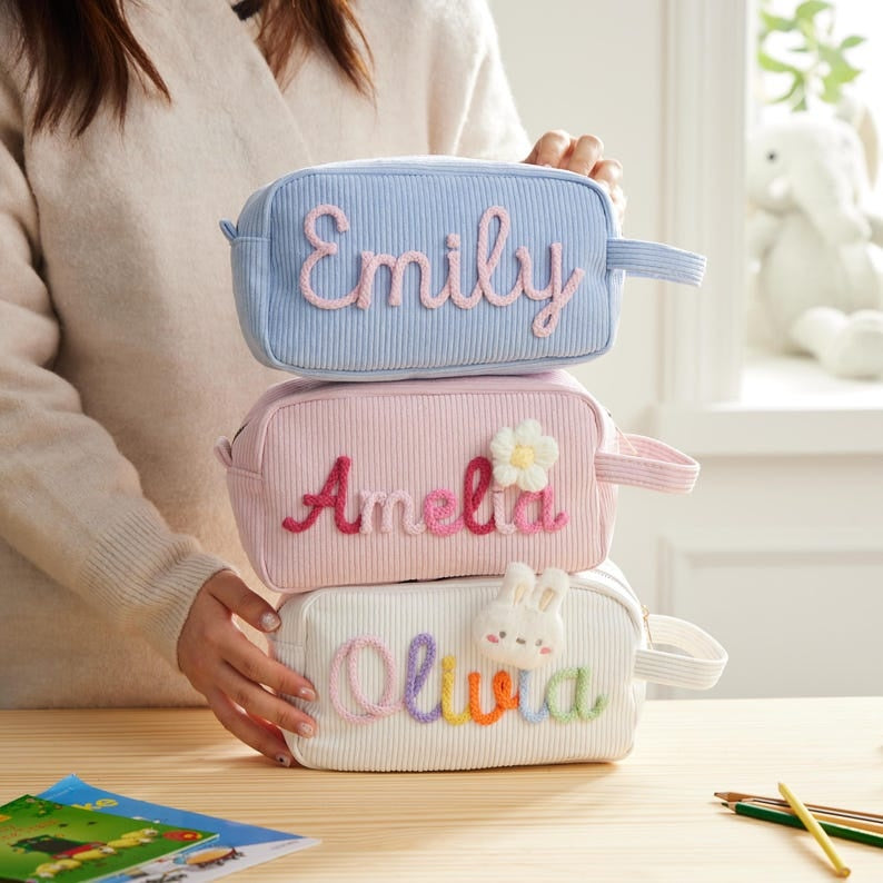 Personalized Name Corduroy Pencil Bag: Custom Children's Gift, Custom Zipper Pencil Case, Baby Shower Gifts, Makeup bags, Mother's day Gift