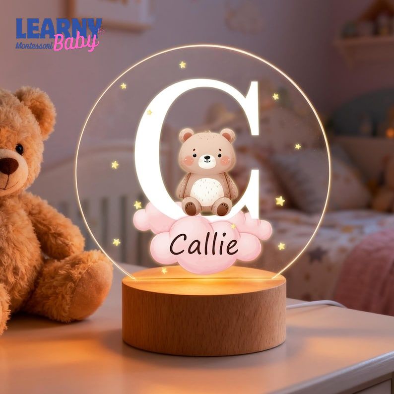 Personalized Fantasy Star Cloud Cute Forest Animal Initial Name LED Night Light with Wooden Base Nursery Decor Birthday Baby Shower Gift NL15