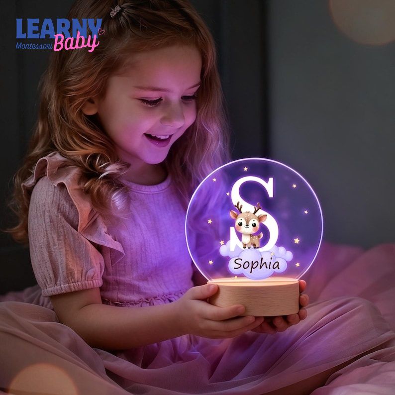 Personalized Fantasy Star Cloud Cute Forest Animal Initial Name LED Night Light with Wooden Base Nursery Decor Birthday Baby Shower Gift NL15