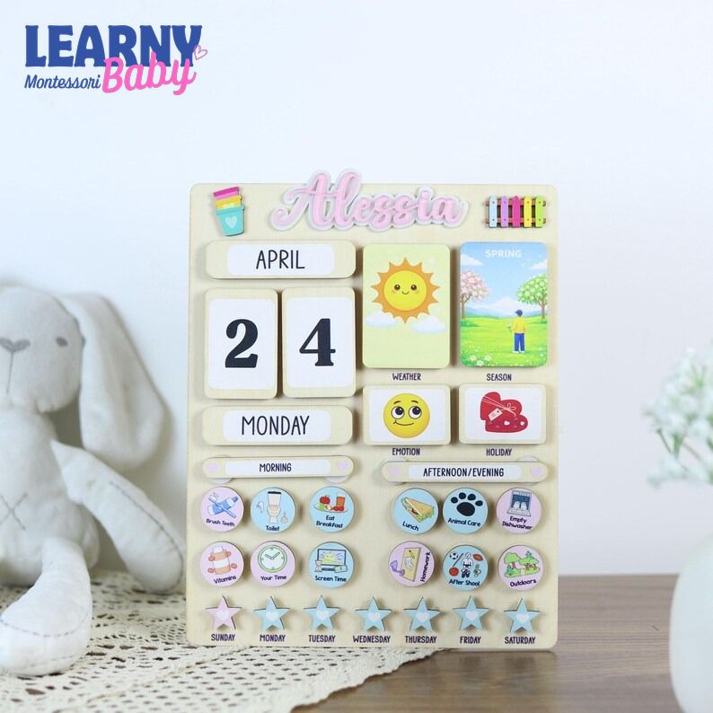 Customized Wooden Toddler Routine Chart, Visual Schedule for Kids, Montessori Calendar for Kids, Daily Routine Checklist