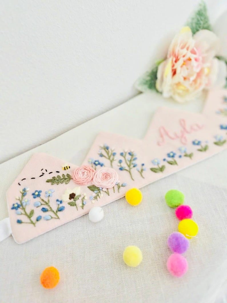 Personalized Forget-Me-Not & Rose Birthday Crown, Hand Embroidered Floral Linen Hat, Custom Baby Name Keepsake