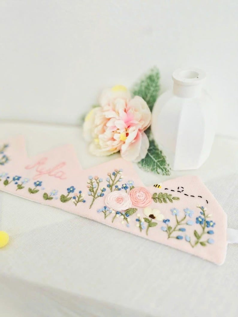 Personalized Forget-Me-Not & Rose Birthday Crown, Hand Embroidered Floral Linen Hat, Custom Baby Name Keepsake