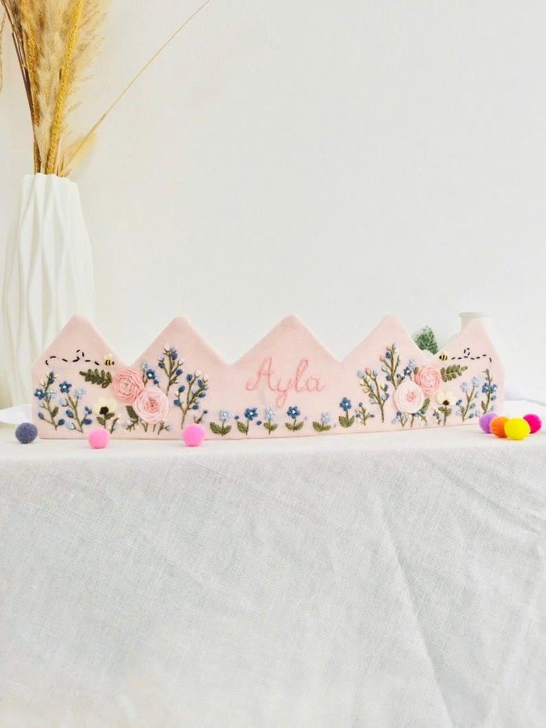 Personalized Forget-Me-Not & Rose Birthday Crown, Hand Embroidered Floral Linen Hat, Custom Baby Name Keepsake