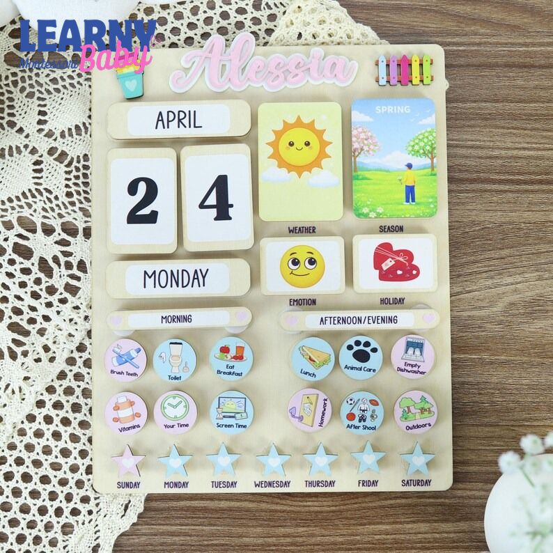 Customized Wooden Toddler Routine Chart, Visual Schedule for Kids, Montessori Calendar for Kids, Daily Routine Checklist