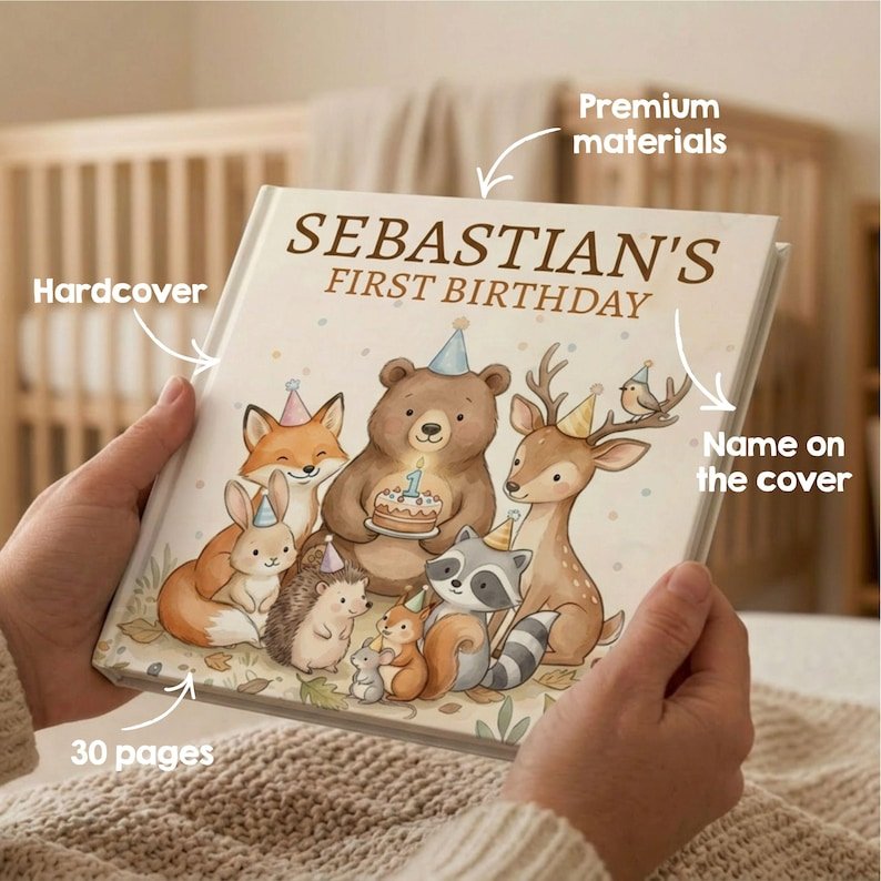 Personalized First Birthday Woodland Book, Custom Baby 1st Birthday Book, Woodland Animals 1st Birthday Gift, 1st Birthday Keepsake Woodland