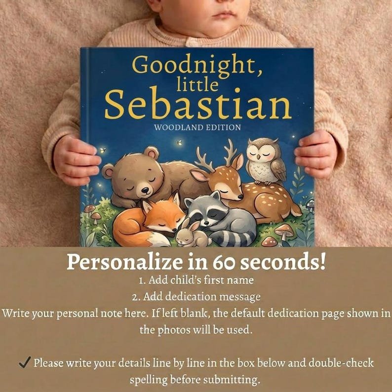 Personalized Woodland Animals Bedtime Story Book, Custom Forest Animal Book, Woodland Nursery Keepsake Gift, Baby Shower Gift Woodland Decor