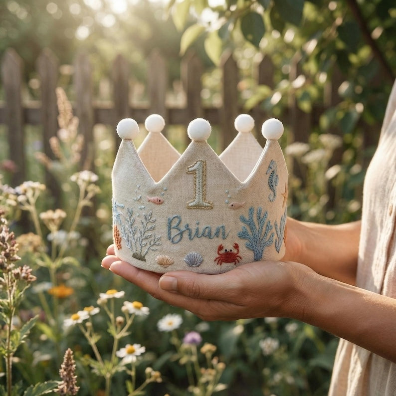 Personalized 1st Birthday Crown Hat, Sea Life Embroidered Linen Crown, Ocean Theme Baby Hat, Baby First Birthday Gift, Toddler Headpiece