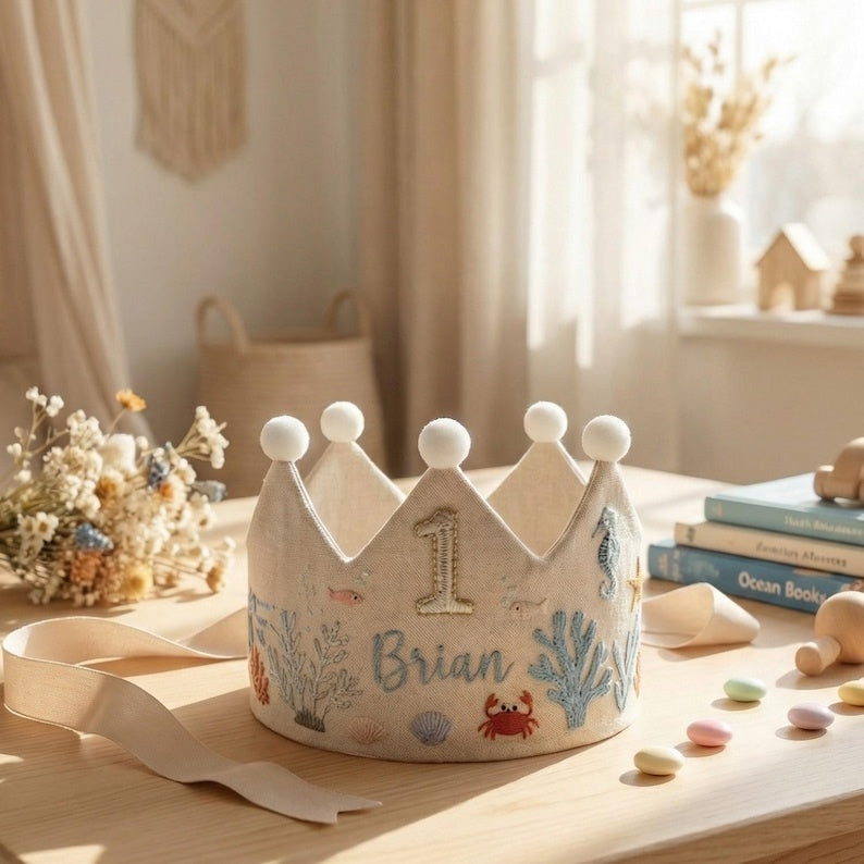 Personalized 1st Birthday Crown Hat, Sea Life Embroidered Linen Crown, Ocean Theme Baby Hat, Baby First Birthday Gift, Toddler Headpiece