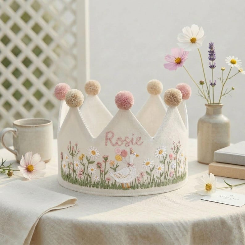Wildflower Goose Personalized Embroidery Birthday Crown, Hand Embroidered Linen Baby Crown, Custom Name Crown, First Birthday Crown Keepsake