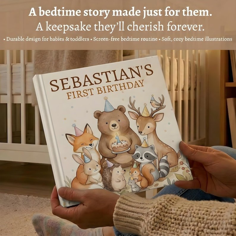 Personalized First Birthday Woodland Book, Custom Baby 1st Birthday Book, Woodland Animals 1st Birthday Gift, 1st Birthday Keepsake Woodland