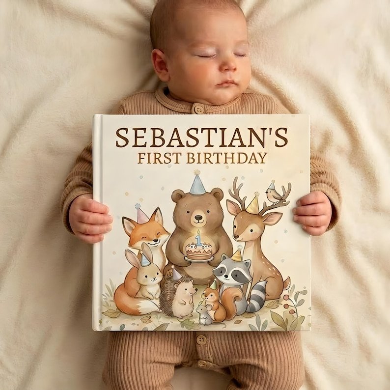 Personalized First Birthday Woodland Book, Custom Baby 1st Birthday Book, Woodland Animals 1st Birthday Gift, 1st Birthday Keepsake Woodland