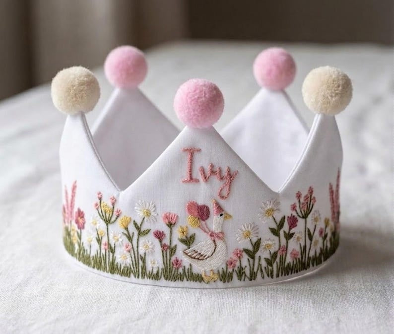 Wildflower Goose Personalized Embroidery Birthday Crown, Hand Embroidered Linen Baby Crown, Custom Name Crown, First Birthday Crown Keepsake
