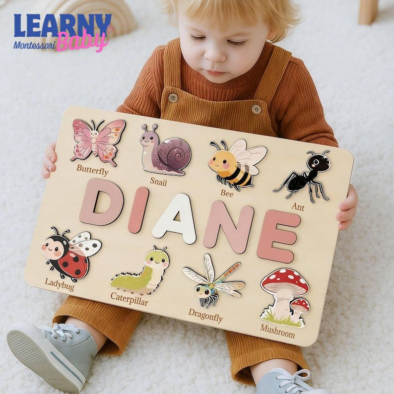 Personalized First Birthday Gift, Handmade Name Puzzle with Insect, Custom New Baby Gift for Toddler, Christmas Gifts, Wooden Toys BBLB31
