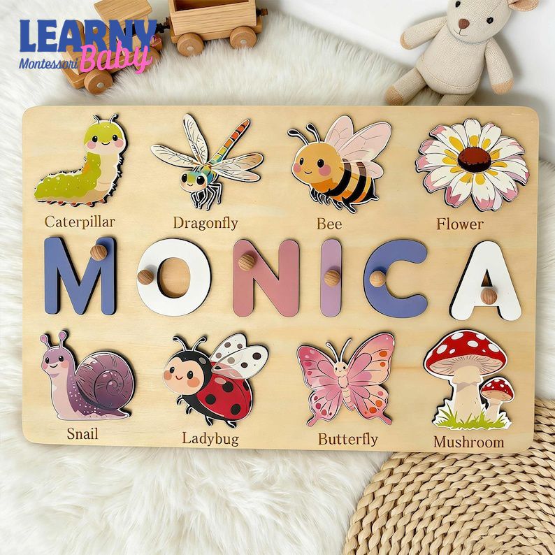 Personalized First Birthday Gift, Handmade Name Puzzle with Insect, Custom New Baby Gift for Toddler, Christmas Gifts, Wooden Toys BBLB31