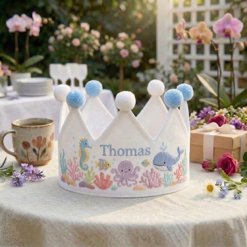 Personalized Under the Sea Embroidered Baby Crown, Whale Seahorse Linen Birthday Crown, Personalized Name Crown, First Birthday Crown