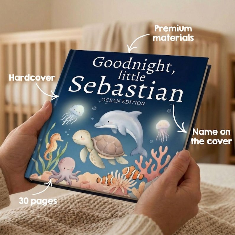 Personalized Ocean Bedtime Story Book, Custom Ocean Animals Bedtime Story Book, Underwater Nursery Keepsake Gift, Baby Shower Ocean Gift