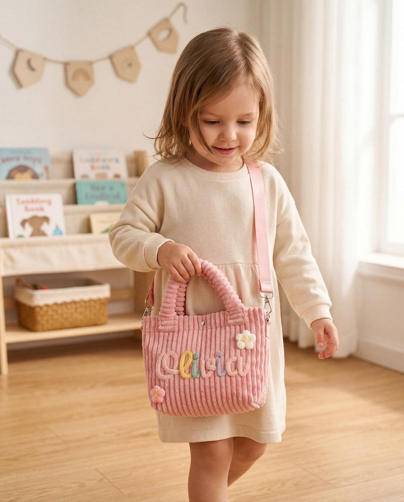 Personalized Corduroy Name Crossbody Bag, Toddler Purse, Corduroy Bucket Crossbody Bag, Baby Shower Gift, Toddler Girl Purse, Name Handbags