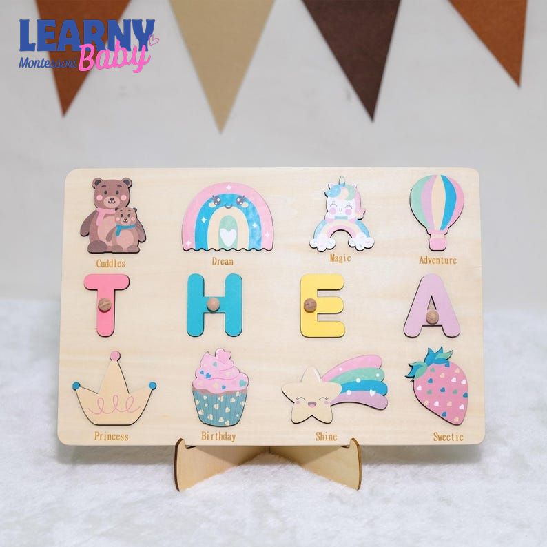 Personalized Wooden Name Puzzle for Girl, First Birthday Girl Gift, Montessori Toy for Kids, Baby Shower Gift, Baptism Name Puzzle BBLB29