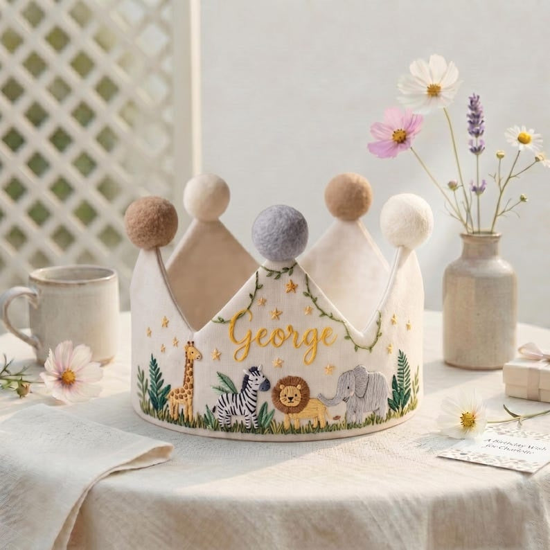 Safari Animals Personalized Birthday Baby Crown, Hand Embroidered Linen Baby Crown, Custom Jungle Name Crown, First Birthday Crown