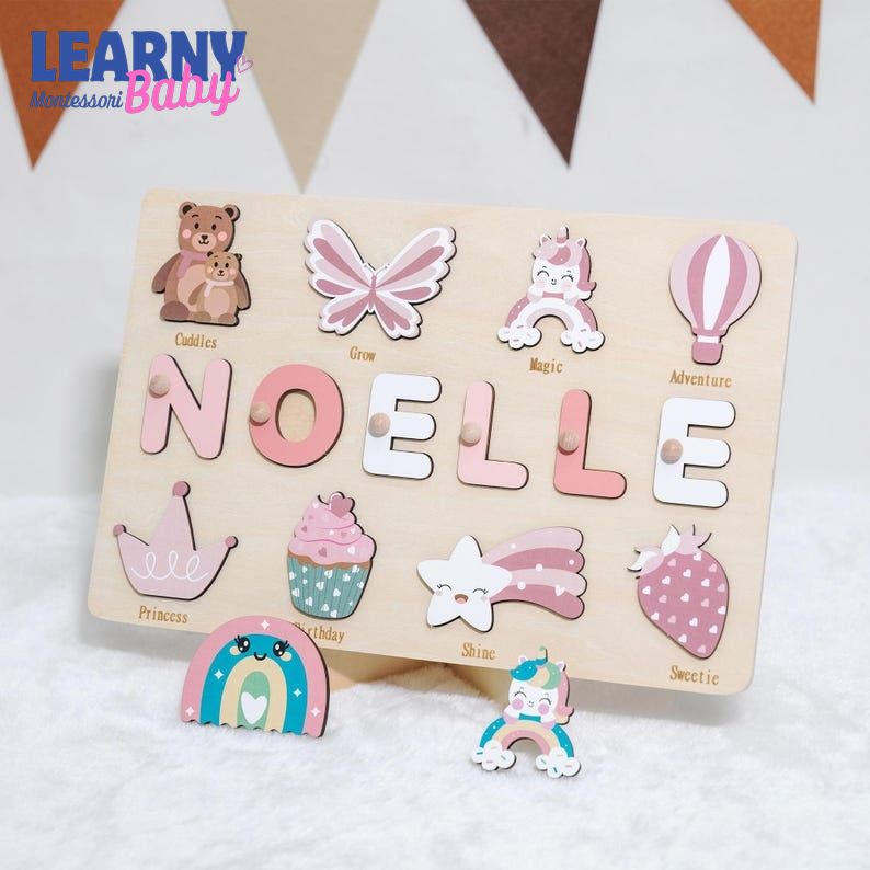 Personalized Wooden Name Puzzle for Girl, First Birthday Girl Gift, Montessori Toy for Kids, Baby Shower Gift, Baptism Name Puzzle BBLB29