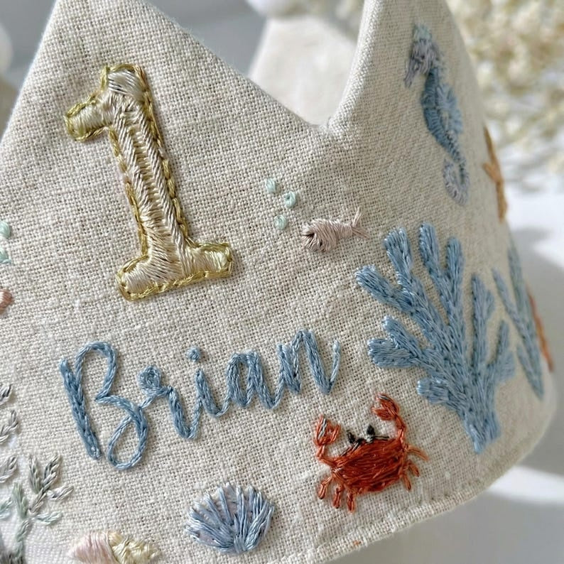 Personalized 1st Birthday Crown Hat, Sea Life Embroidered Linen Crown, Ocean Theme Baby Hat, Baby First Birthday Gift, Toddler Headpiece