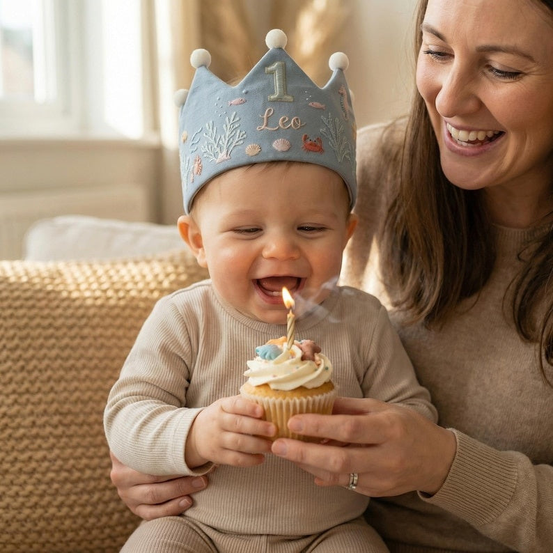 Personalized 1st Birthday Crown Hat, Sea Life Embroidered Linen Crown, Ocean Theme Baby Hat, Baby First Birthday Gift, Toddler Headpiece