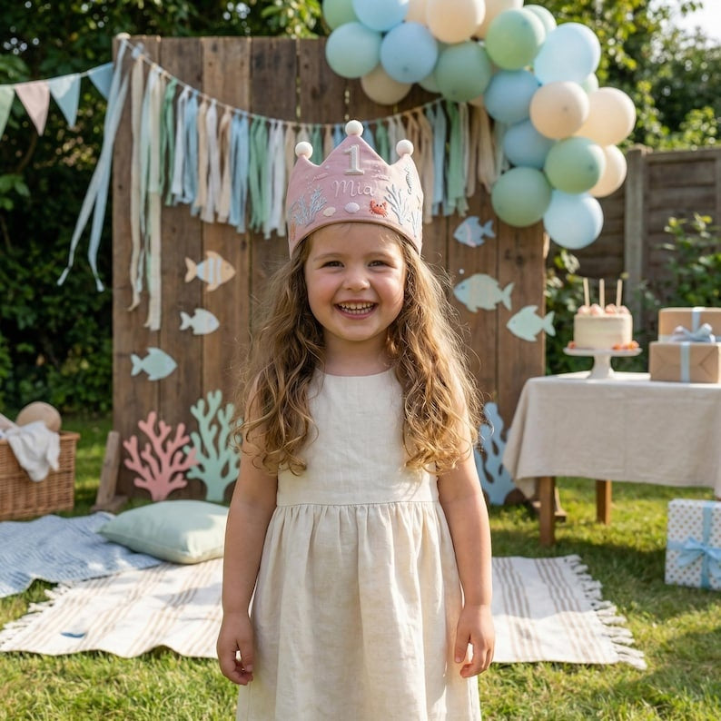 Personalized 1st Birthday Crown Hat, Sea Life Embroidered Linen Crown, Ocean Theme Baby Hat, Baby First Birthday Gift, Toddler Headpiece