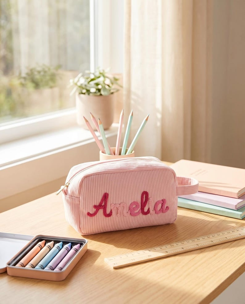 Personalized Name Corduroy Pencil Bag: Custom Children's Gift, Custom Zipper Pencil Case, Baby Shower Gifts, Makeup bags, Mother's day Gift